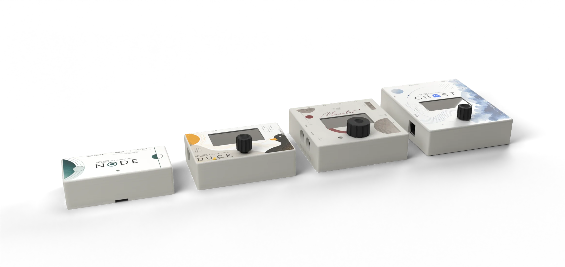 Node・Duck・Maestro・Ghost の4機種を横に並べた CG。白い筐体の天面に、デバイスごとの意匠が印刷されている