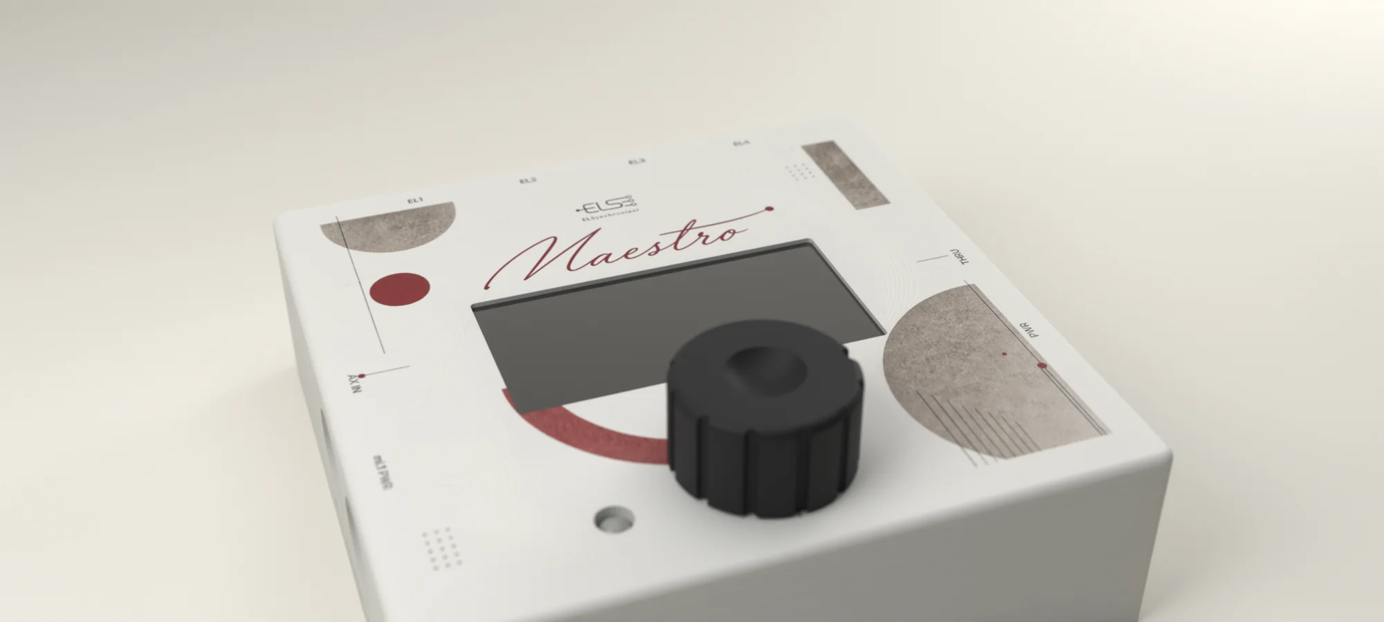 Maestro の天面に寄った CG。黒いノブと有機ELの窓、臙脂の意匠