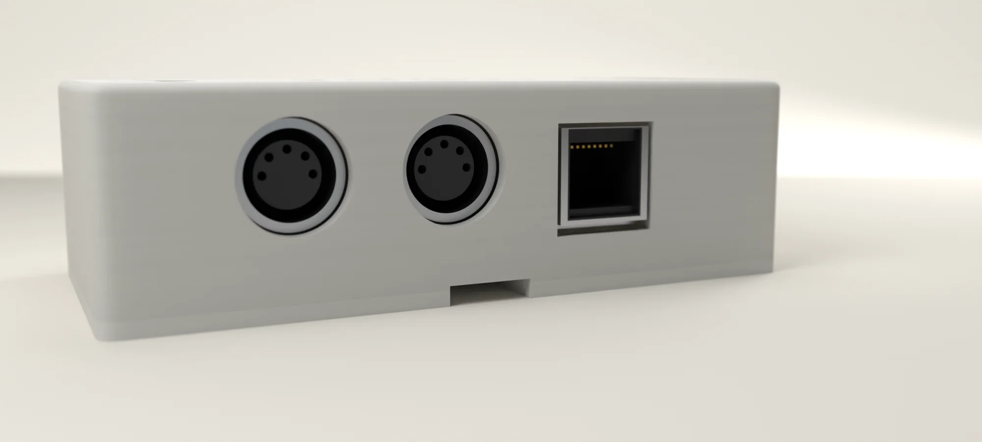 Node の側面に寄った CG。丸い MIDI 端子が2つと、RJ45 の端子が1つ