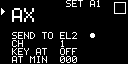 Maestro の AX の画面。右上に SET A1、SEND TO EL2・CH 1・KEY AT OFF・AT MIN 000