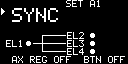 Maestro の画面。右上に SET A1、SYNC の下に EL1 から EL2・EL3・EL4 へ線が分かれる図、いちばん下に AX REG OFF と BTN OFF